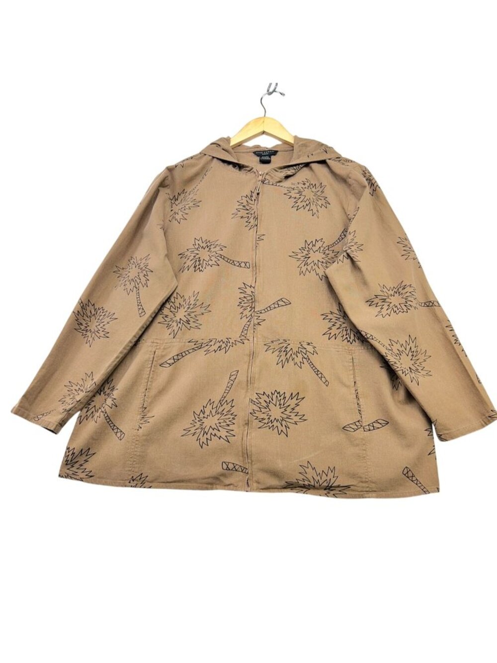 Anne Carson Women Palm Tree Print Linen Blend Hooded Jacket Size 1X Tan Full Zip